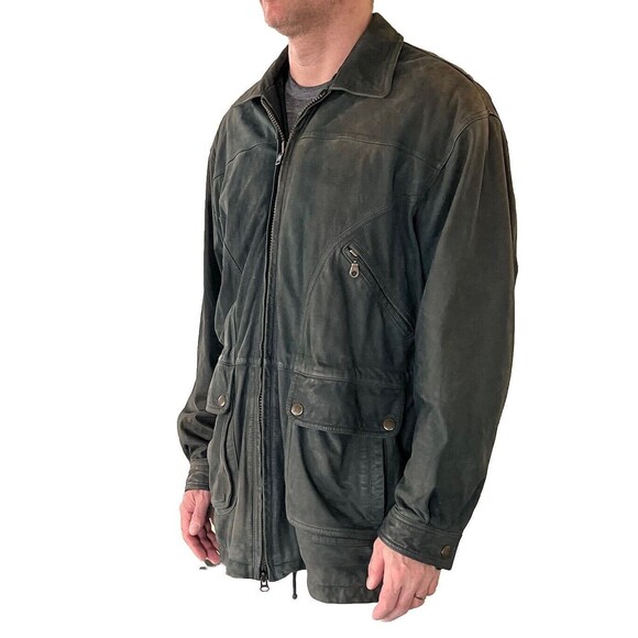 Vintage 80s 90s Grunge 100% Leather Worn Forest Green Heavy Coat Jacket Men's M - Picture 2 of 14